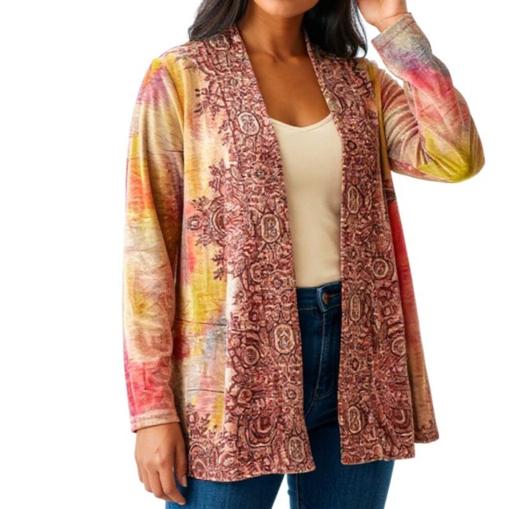 NEW One World Paisley Tie Dye Velvet Kimono Open Cardigan Women Medium Burgundy